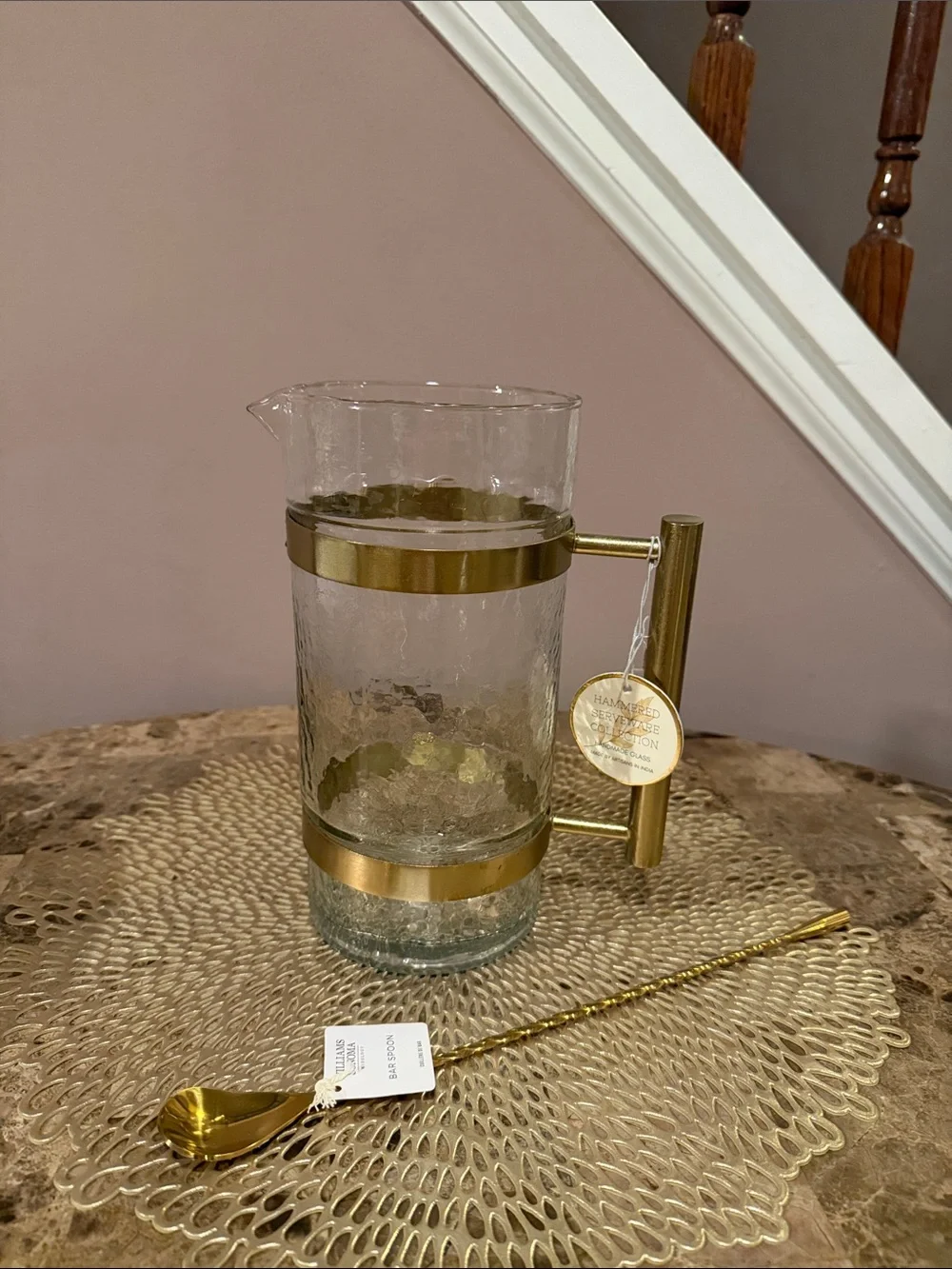 Hand-Blown Hammered Glass Pitcher with Gold Metal Handle with WS Bar Spoon